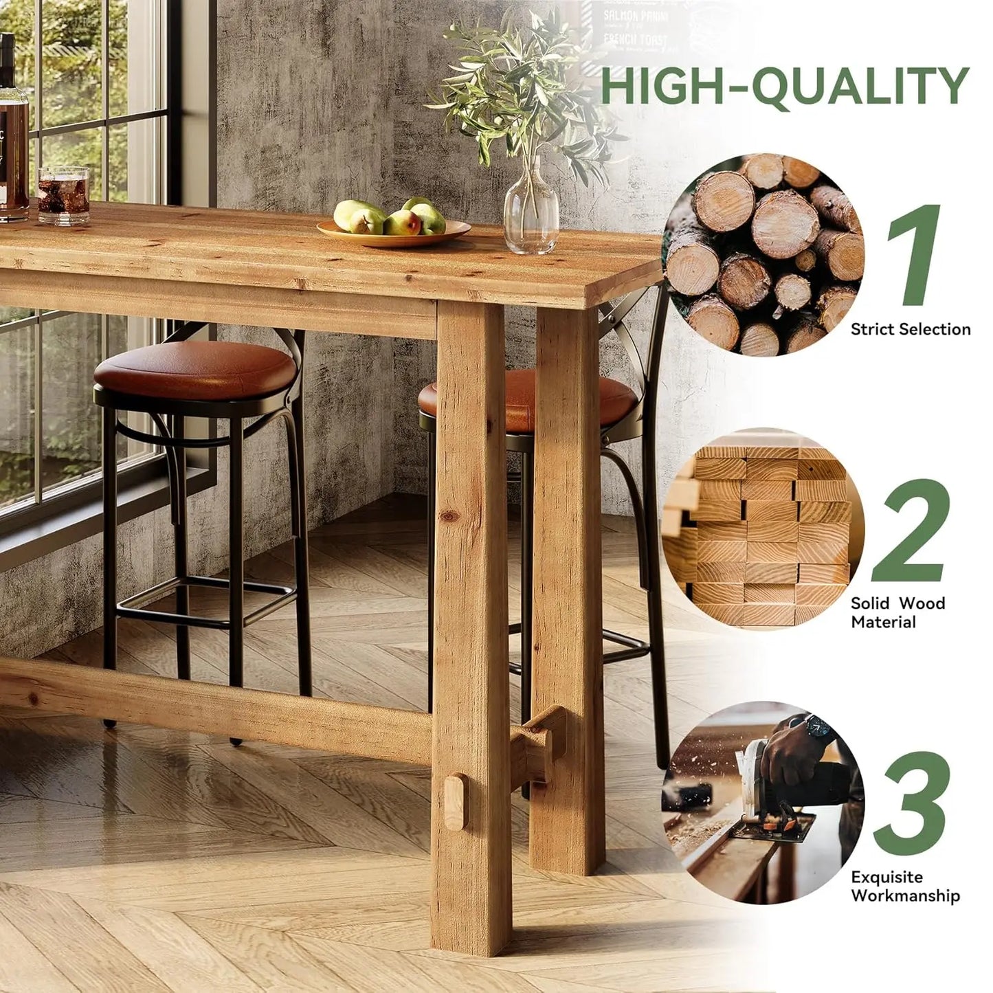 Solid Wood Bar Table Rustic High Top Dining For Kitchen And Home
