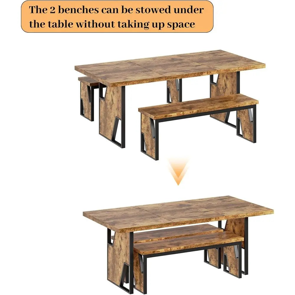 70.8" Wooden Dining Table with 2 Benches, ern Kitchen Table and Chairs Set or 4-6 Person, Thickened MD Wooden Table with Dining