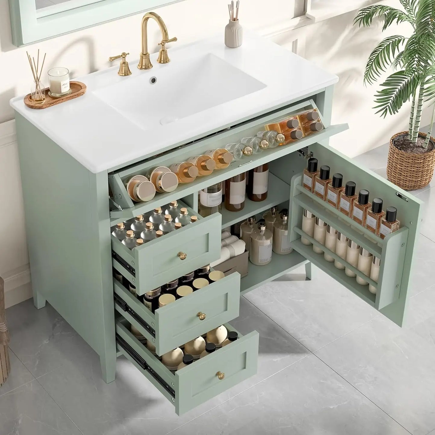 Free Standing Bathroom Vanity With Ceramic Sink And Wood Cabinet