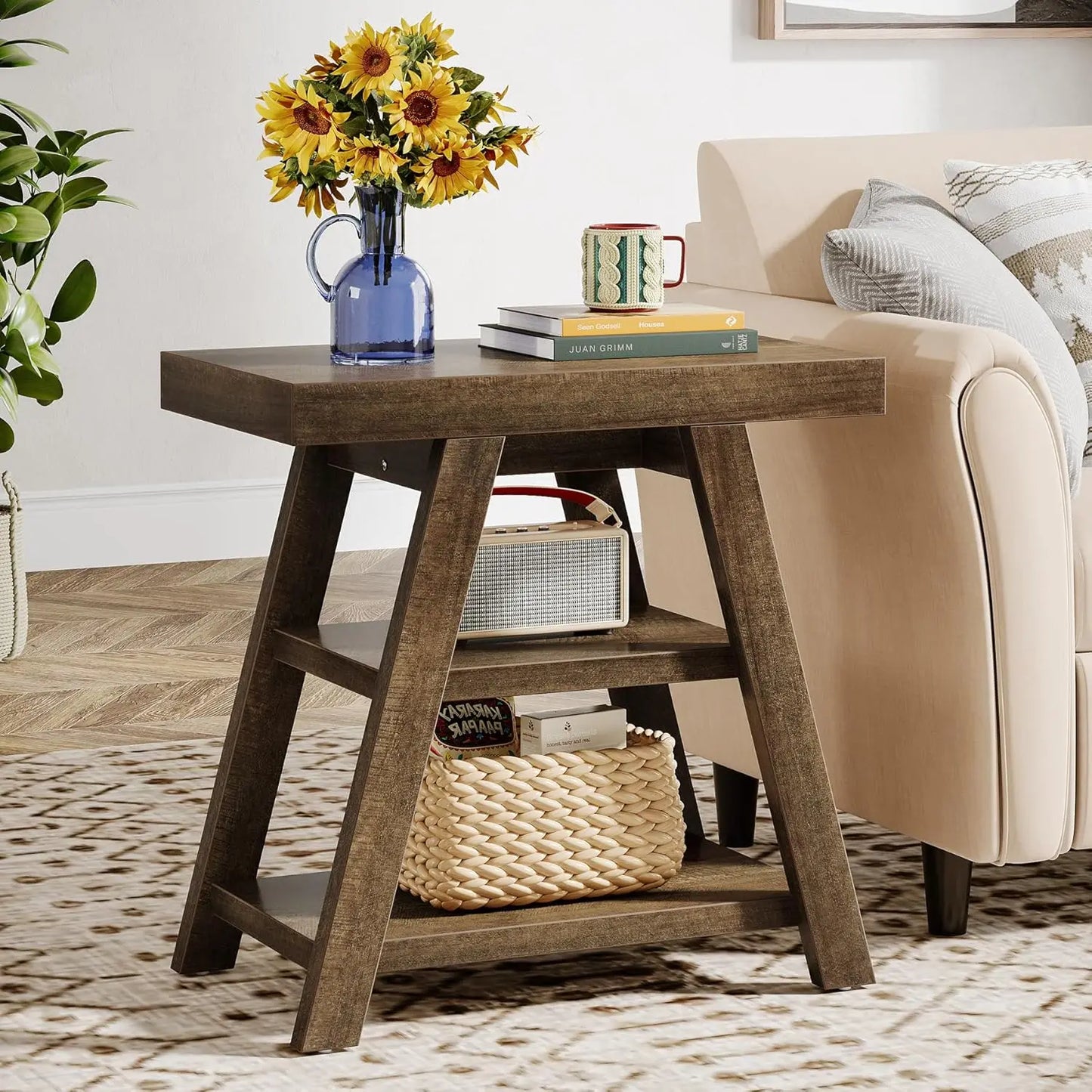 LITTLE TREE 3-Tier Small End Table, Farmhouse Wooden Side Table for Couch, Vintage Sofa Side Table for Living Room,Bedroom