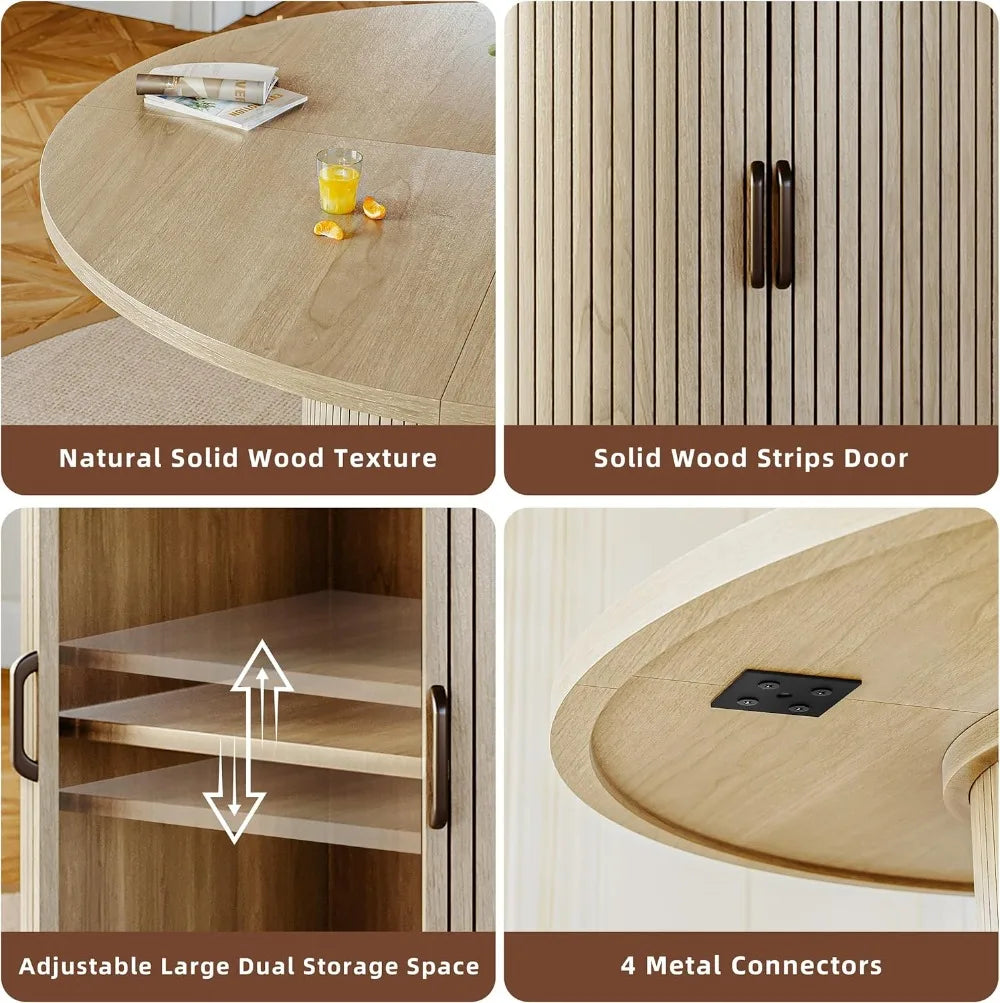 Round Dining Table For 4-6 With Storage Shelf And Wood Slide Door In Oak