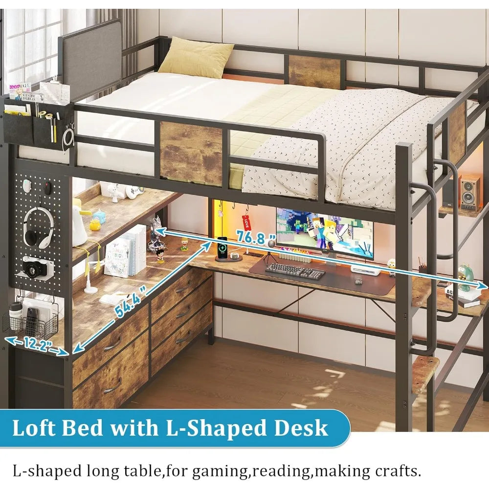 Full Size Loft Bed with Desk 5 Drawers 3 Open Shelves LED Lights Charging Station Stairs Vintage Brown