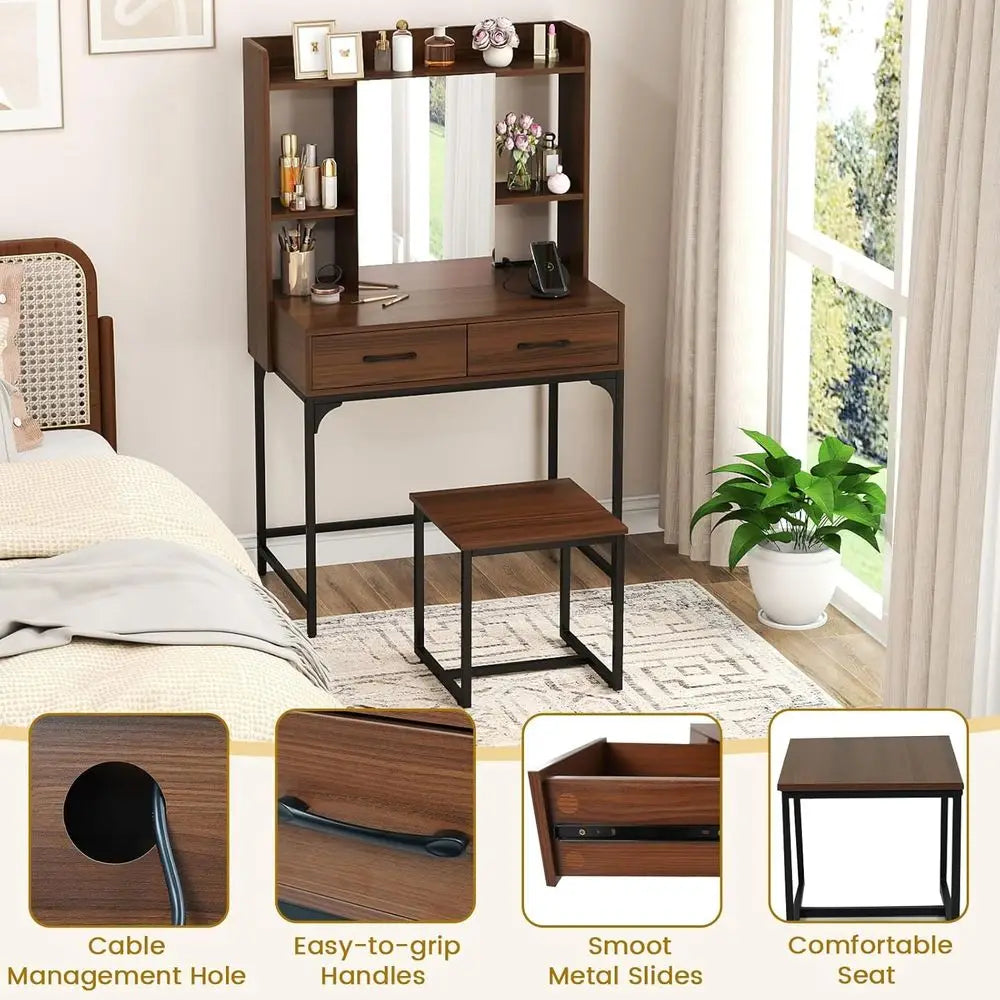 Vanity Desk with Mirror and Stool, Industrial Dring Table with Power Outlet, 4 Shelves, 2 Storage Ders, Bedroom Makeup Vanity Se