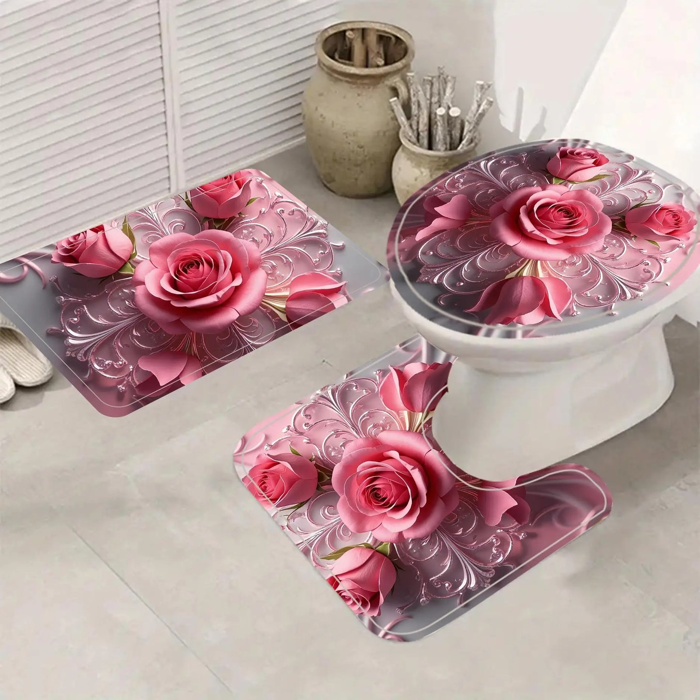 Waterproof 3D Flower Bathroom Curtain Set 4-Piece Non-Perforated
