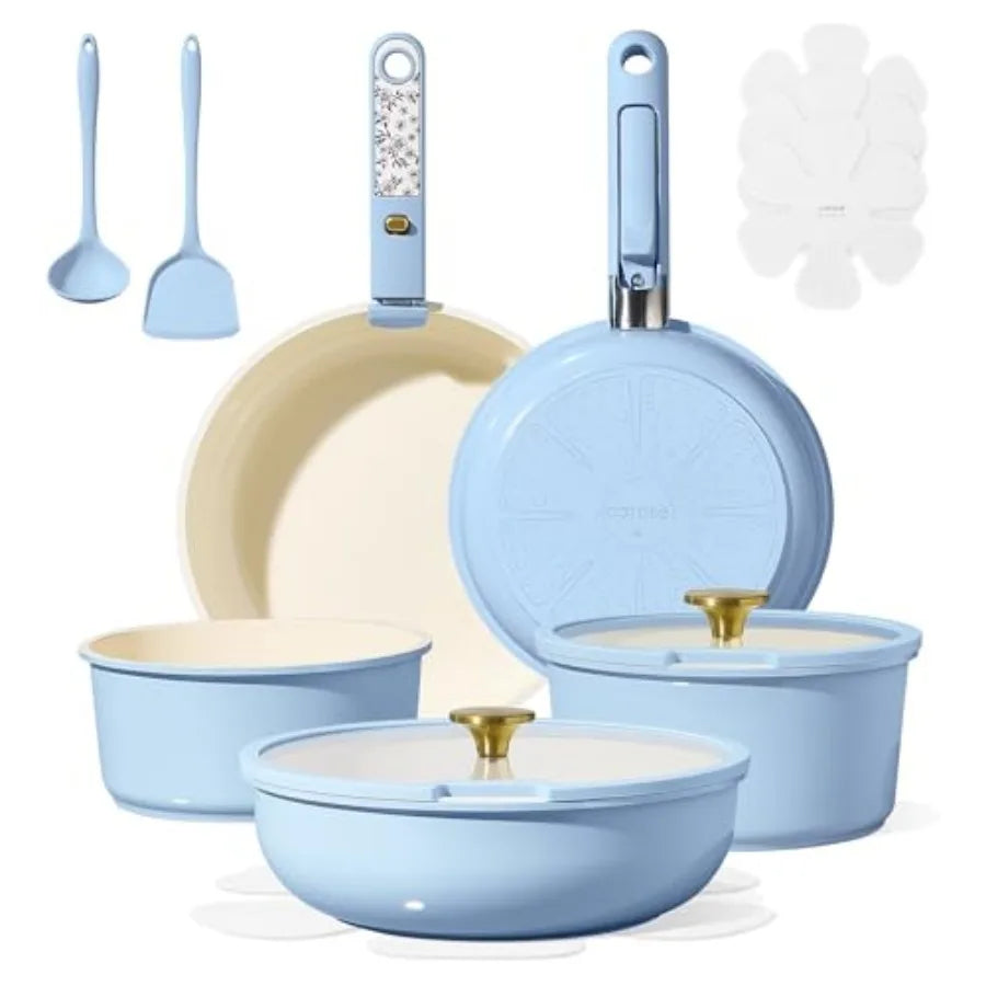 Ceramic Cookware Set With Detachable Handle 18 Pieces Nonstick Lids