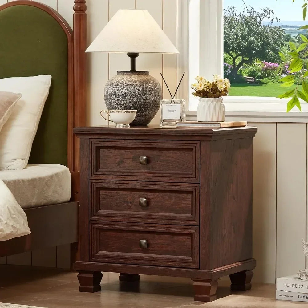 Best-Farmhouse Nightstand Set Of 2, Rustic Couch End Table With 3 Drawers & 4 Square Solid Wood Legs