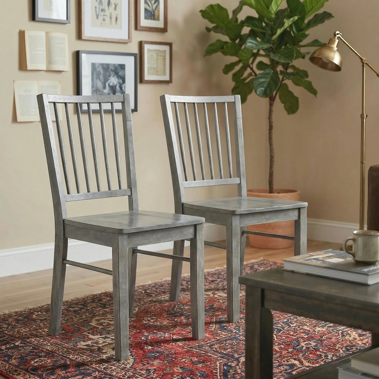 Homcom Farmhouse Dining Chairs Set of 2, Ergonomic Solid Wood Armless Kitchen Chairs with Rubberwood Legs for Dining Room, Kitchen, Rustic Gray