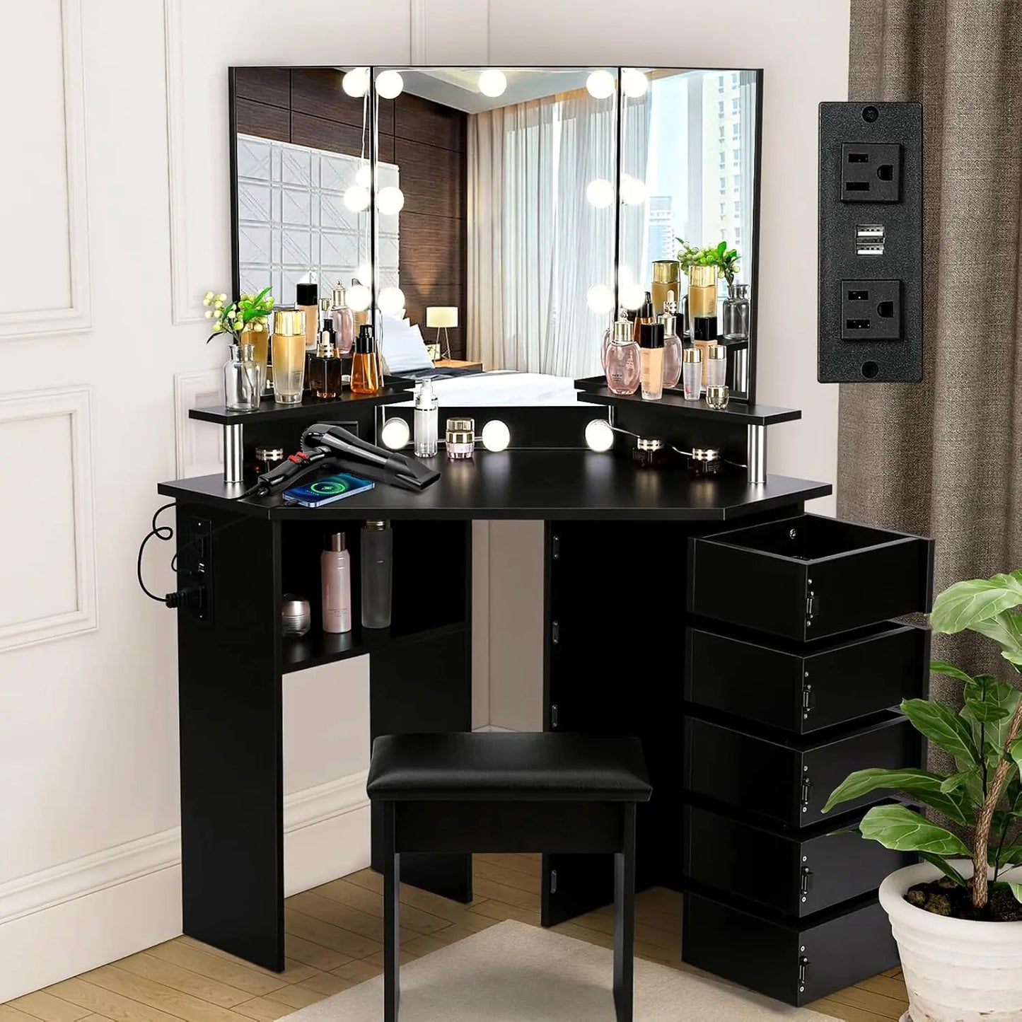 MOYU Vanity With Lights Makeup Desk Power Outlet Included