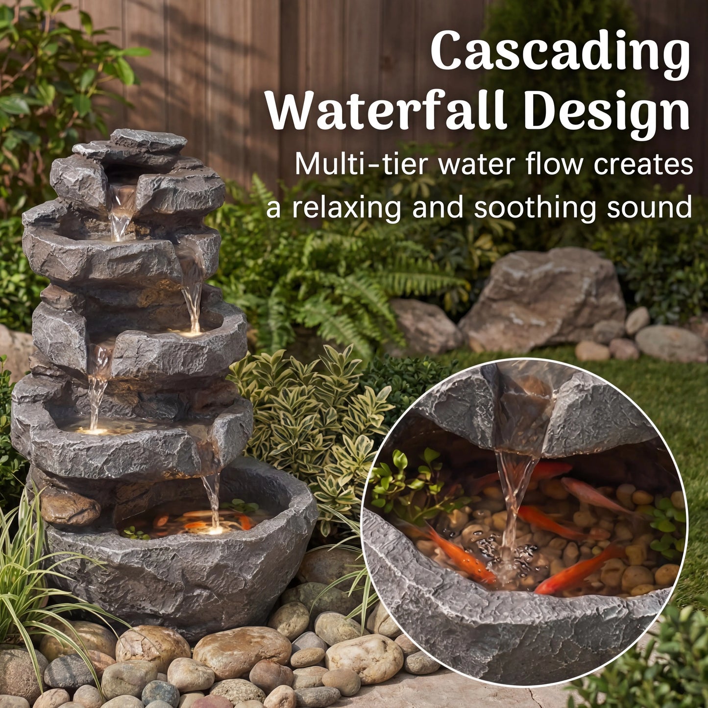 5-Tier Cascading Rock Water Fountain with LED Lights, 15''L x 11.8''W x 22''H, Outdoor Garden Waterfall Feature for Patio, Backyard & Lawn Decor