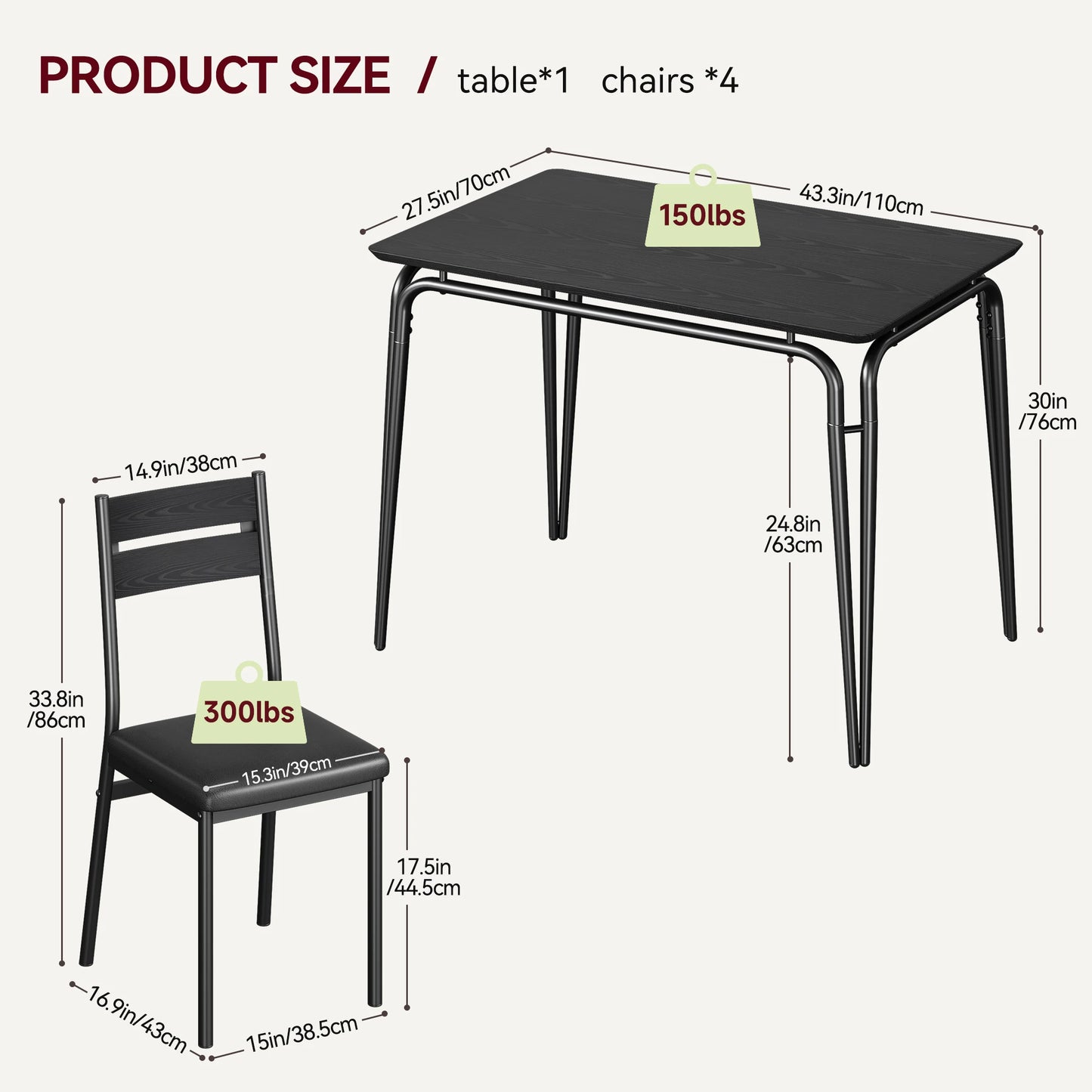 HiMISS Dining Table Set for Four with Chairs Wooden Kitchen