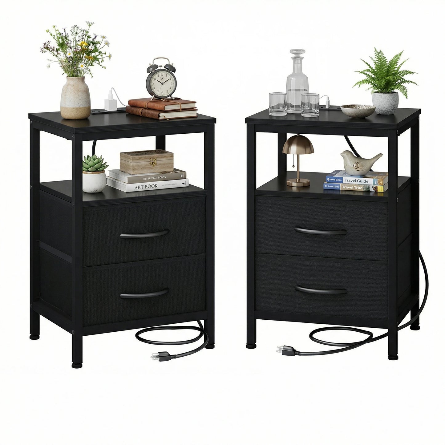 JHK Two-Drawer Fabric Nightstands With USB Ports Set Of 2