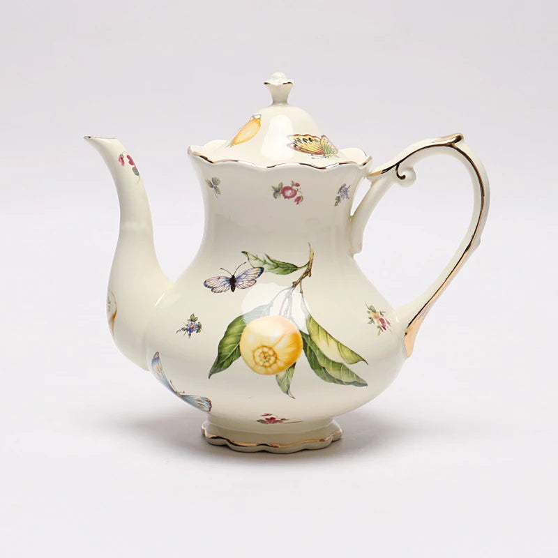 European Ceramics Coffee Cup and Saucer Teapot Elegant Lemon Pattern Creative Afternoon Tea Teaware Set with Dessert Spoon Gift