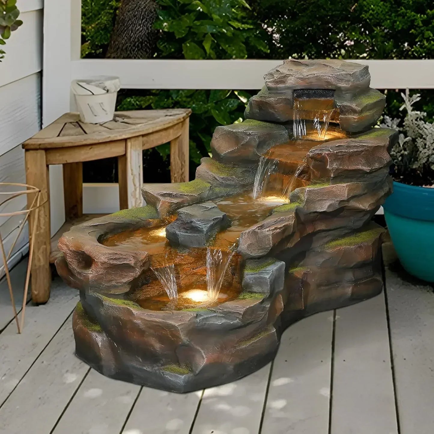 Outdoor Floor Standing Water Fountain Five Tier Rock Waterfall LED