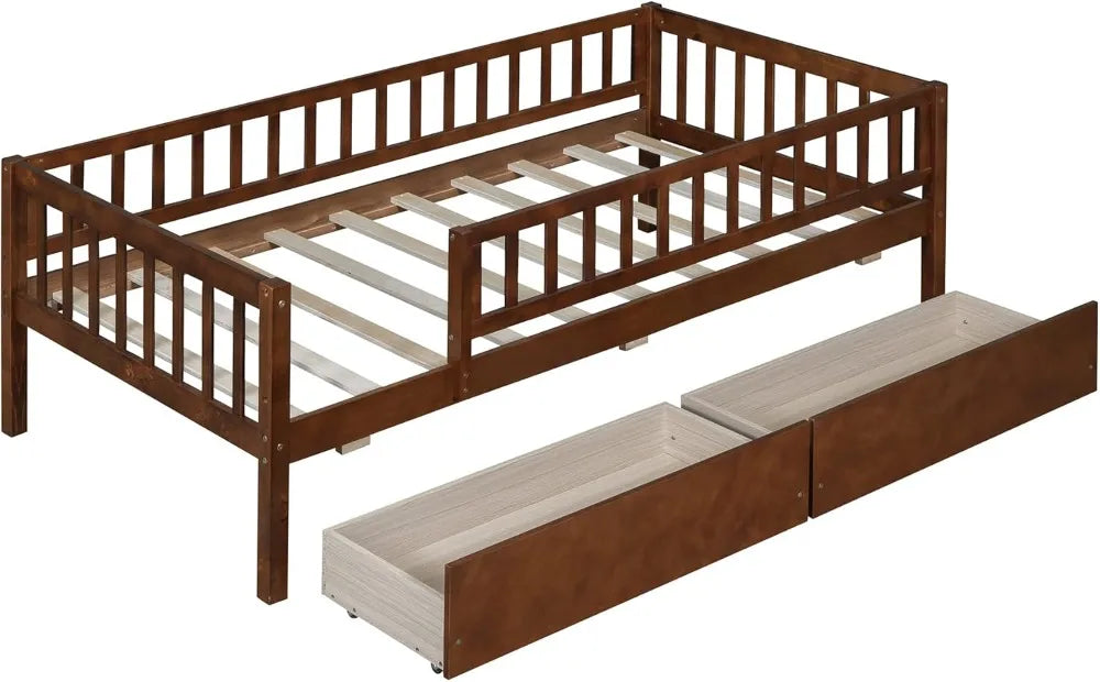 Solid Wood Daybed Frame With Storage Drawers And Rails