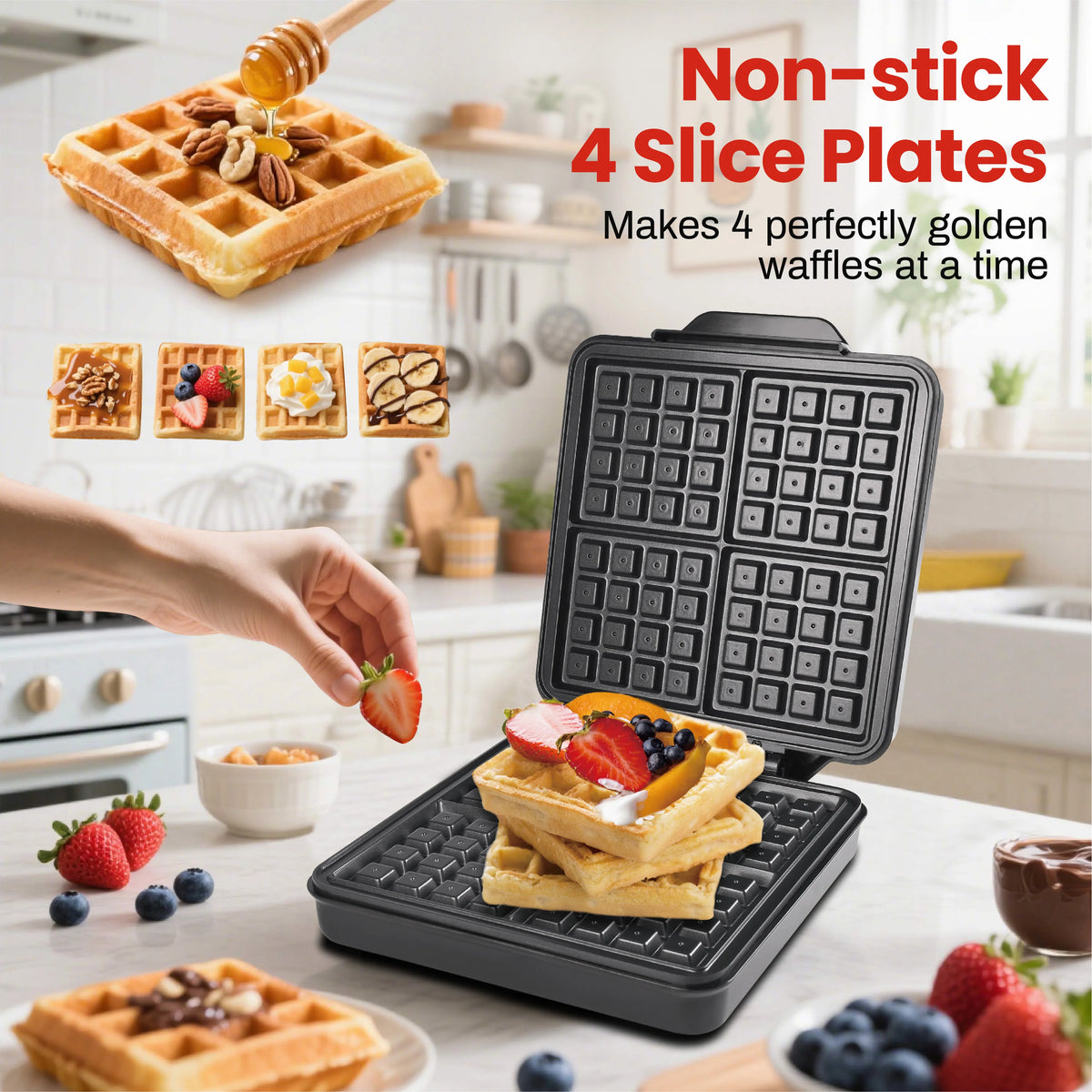 4-Slice Square Belgian & Classic Waffle Maker in 1Set, 1200W Waffle Iron With Nonstick Surface For Easy Cleanup, Waffles in 3Min