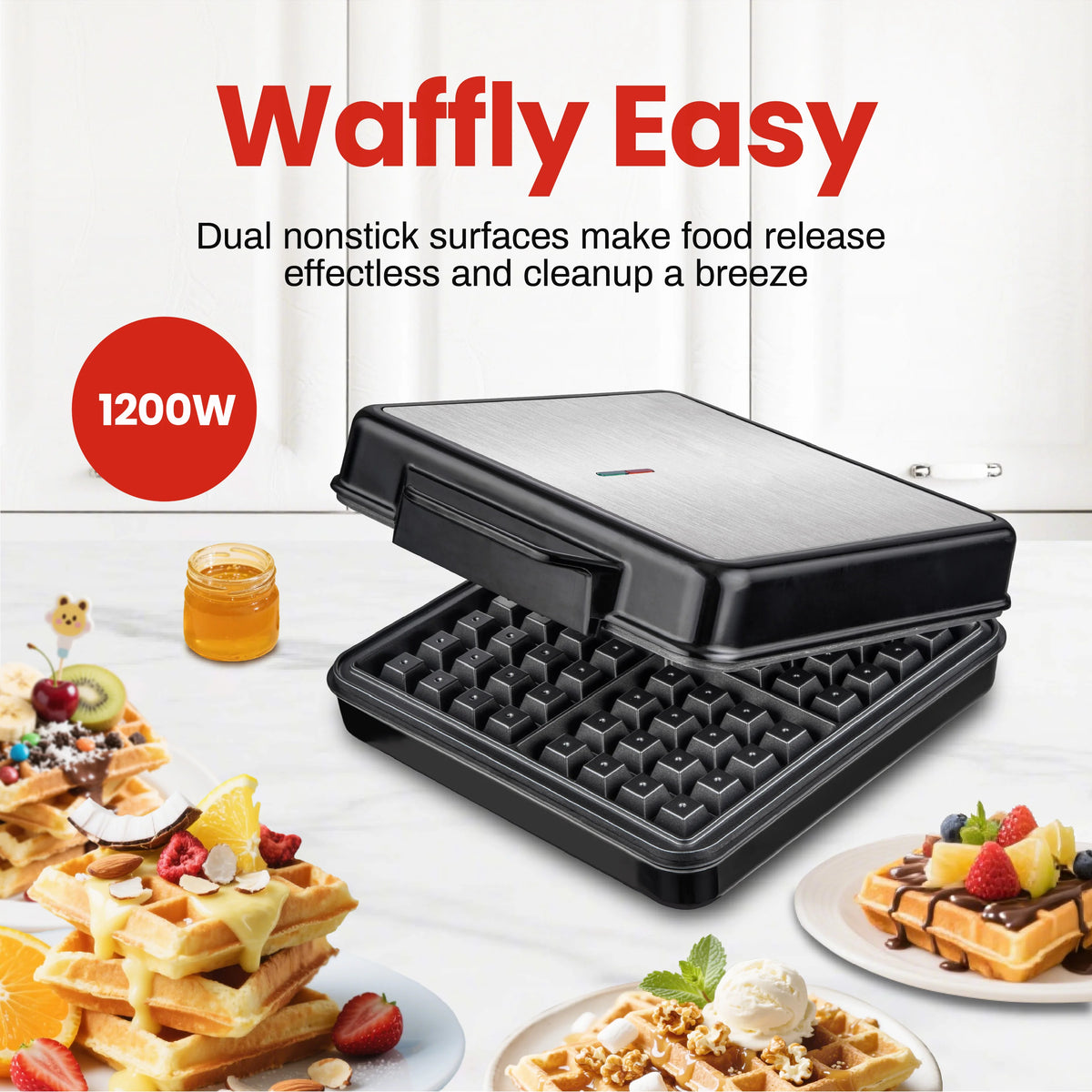 4-Slice Square Belgian & Classic Waffle Maker in 1Set, 1200W Waffle Iron With Nonstick Surface For Easy Cleanup, Waffles in 3Min
