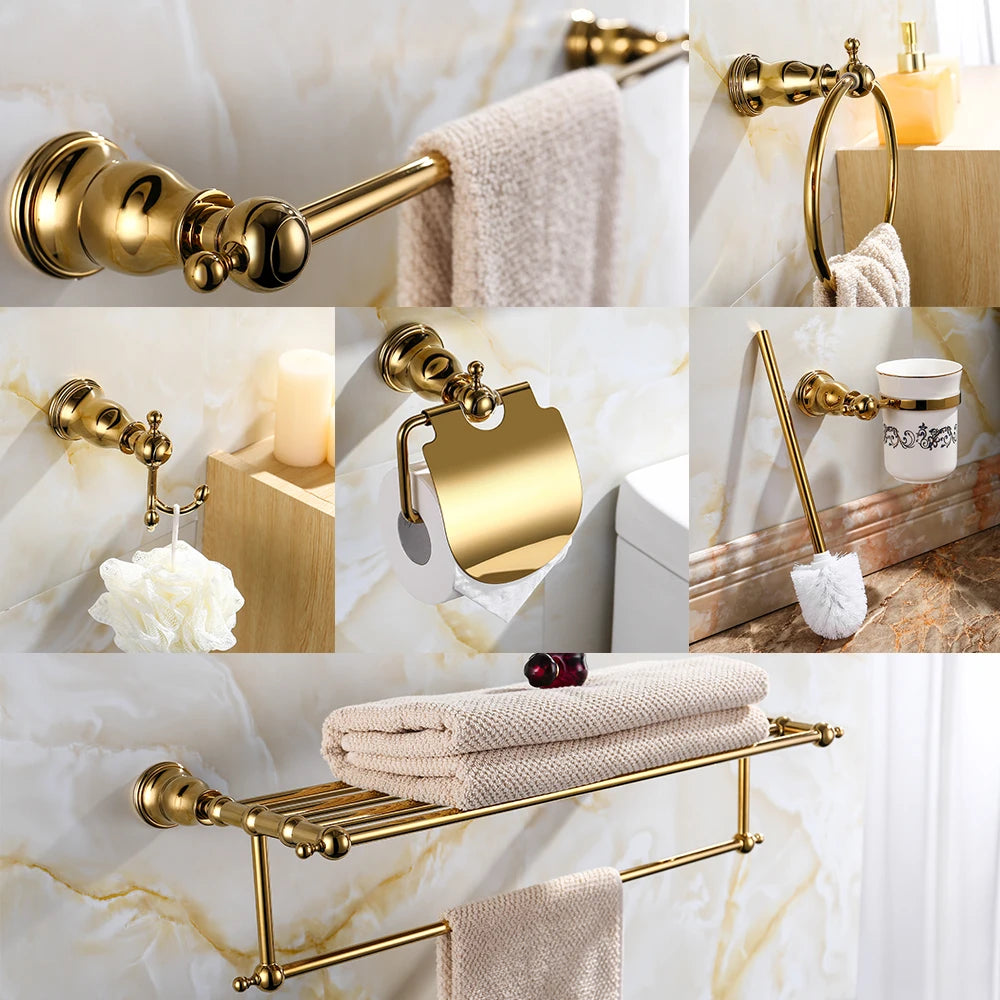 Bathroom Hardware Set Gold Robe Hook Towel Rail Bar Rack Bar Shelf Tissue Paper Holder Toothbrush Holder Bathroom Accessories.