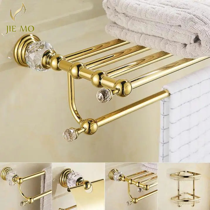 JIE MO Gold Brass Bathroom Hardware Set Towel Rack