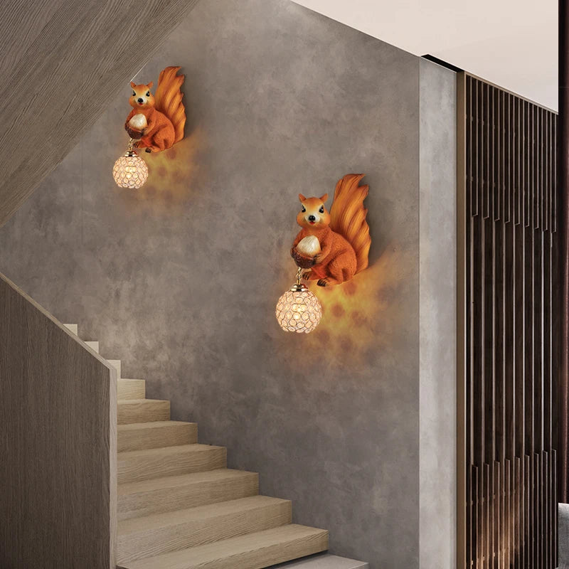 Nordic Creative Resin Wall Lamps Squirrel Owl Light Fixtures Cute Animal Personality Boy Girl Children's Room Study Bedside Lamp