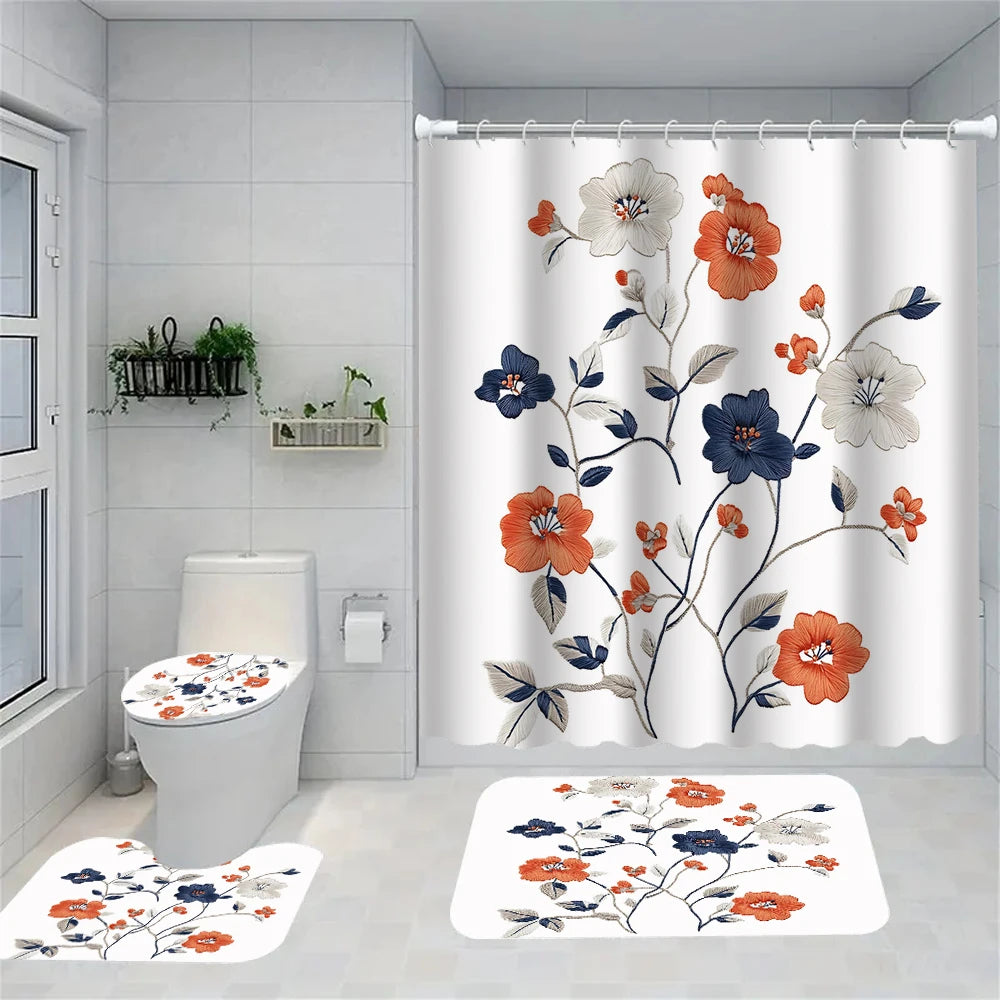Flower Bird Shower Curtain Set With Carpet And Toilet Seat