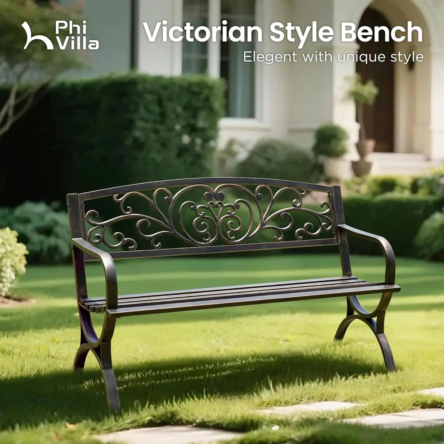 50in Cast Iron Steel Garden Bench Patio Chair w/Floral Backrest Slatted Seat Park Yard Porch Bronze, Customized
