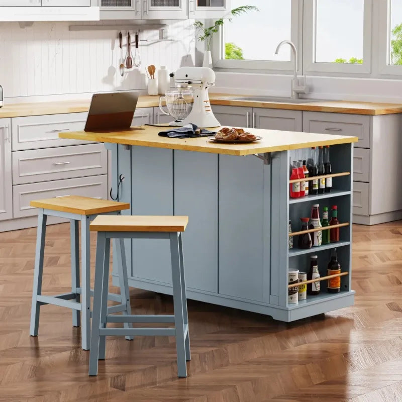 Gray-blue 53-inch Large Kitchen Island with Folding Tabletop, Power Outlet, Inside-door Storage, 5-wheel Rolling Kitchen Cart, and 5 Open Side Shelves, Suitable for Kitchens (2-pack) (stool Not Included).