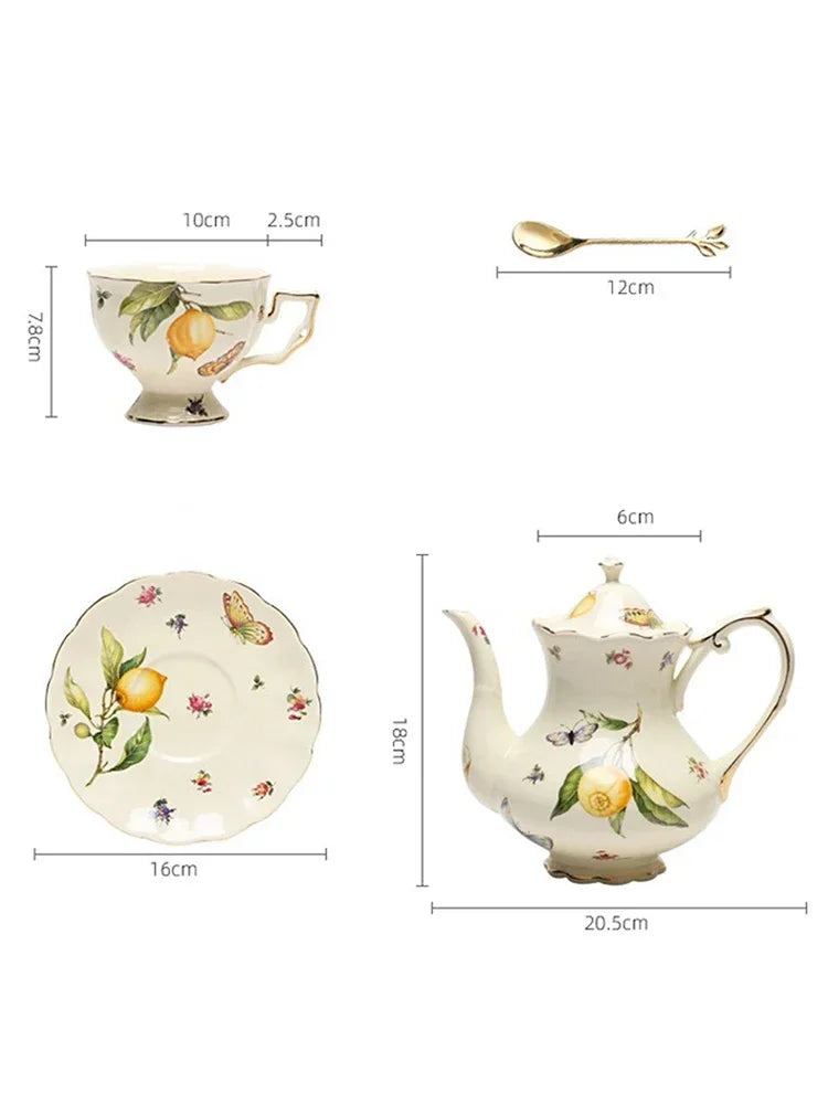European Ceramics Coffee Cup and Saucer Teapot Elegant Lemon Pattern Creative Afternoon Tea Teaware Set with Dessert Spoon Gift