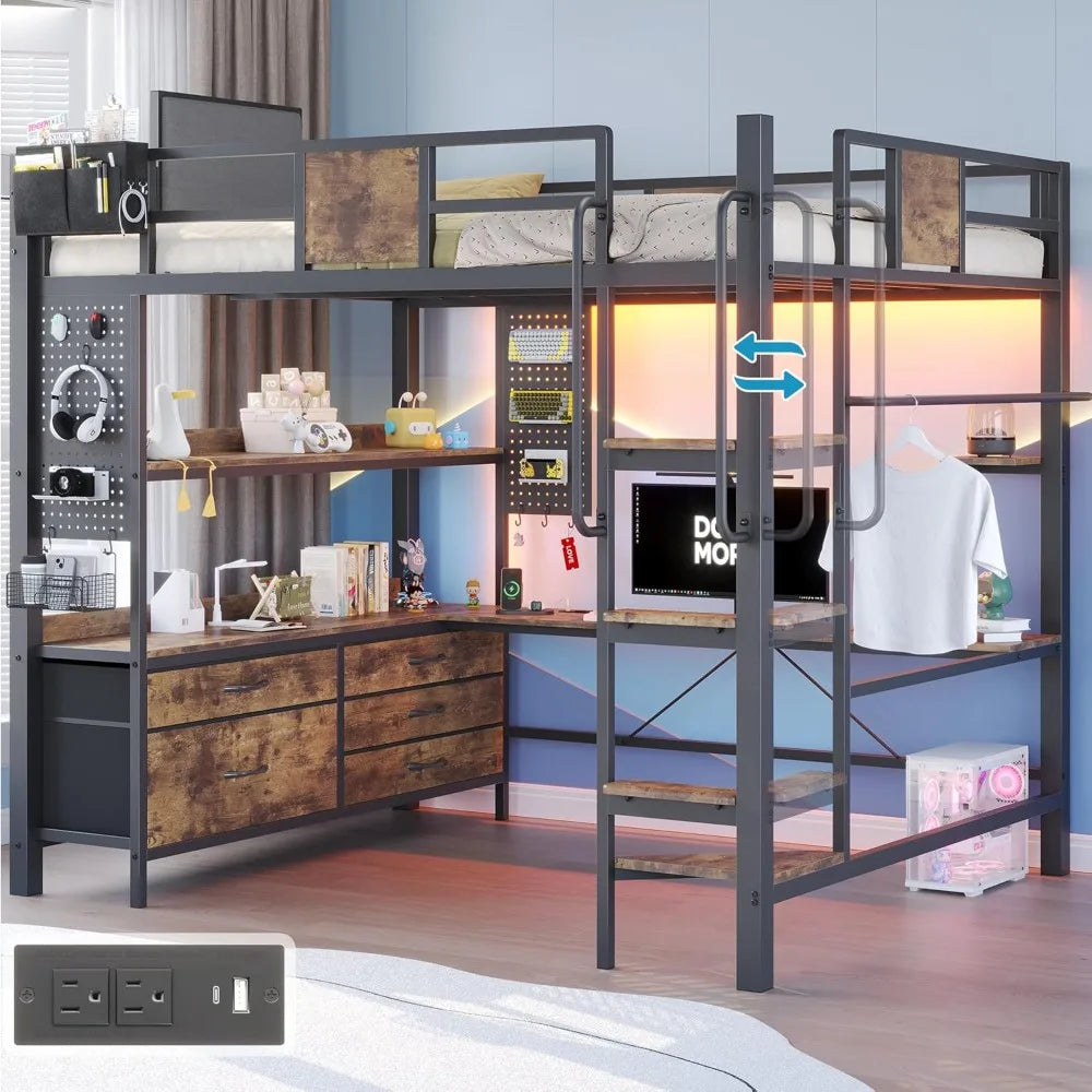 Full Size Loft Bed with Desk 5 Drawers 3 Open Shelves LED Lights Charging Station Stairs Vintage Brown