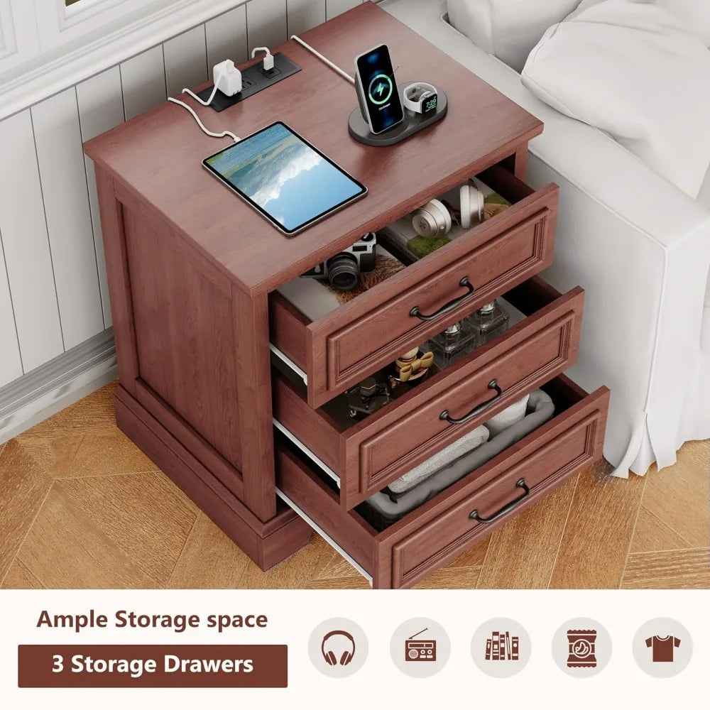 21.7" Farmhouse Nightstand Set of 2 with Charging Station, 3 Drawers, USB-C, End Table for Bedroom Living Room, Cherry Brown