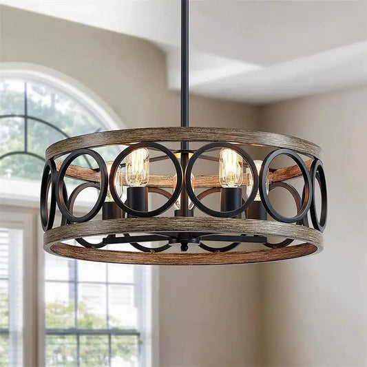 NORMICHY Industrial Circular Chandelier Farmhouse Wood Grain Ceiling Light