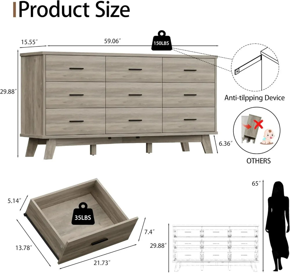 9 Drawer Dresser for Bedroom, Modern Chest with X-Shaped Base, Wood Storage Organizer, TV Stand, Grey