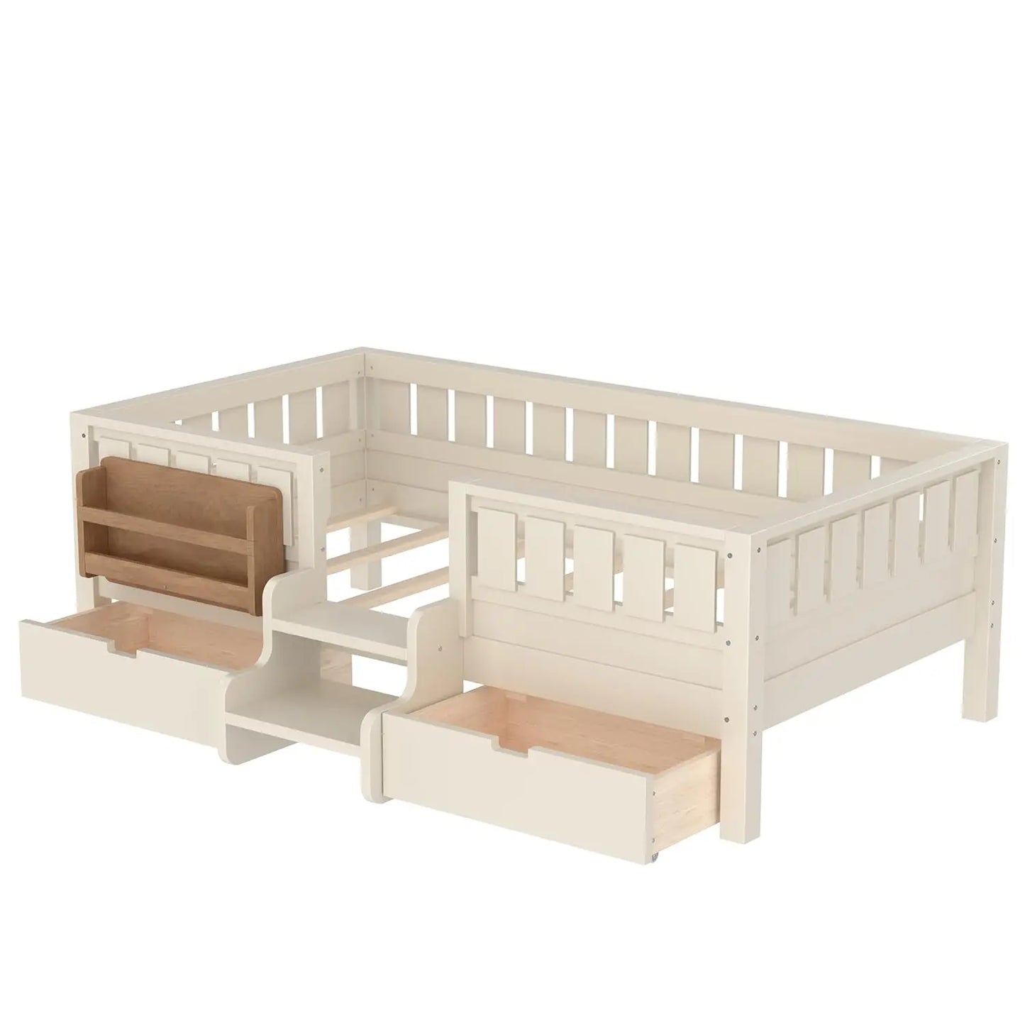 Twin Kids Bed With High Rails Built In Bookshelf Storage Wood Montessori