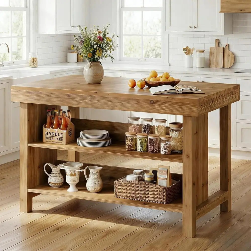 55 Natural Oak Kitchen Island with 3-Tier Shelves and Spacious Countertop