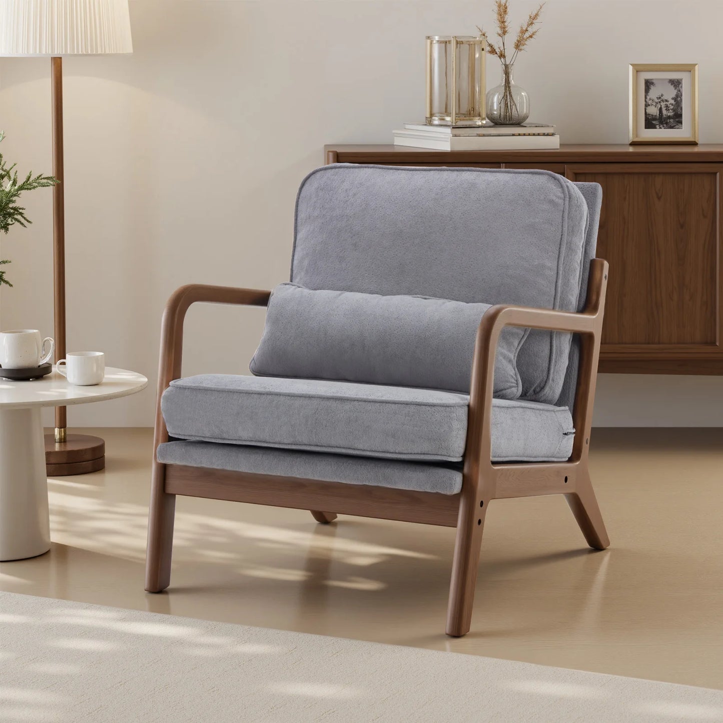 JHK Mid Century Modern Wooden Frame Accent Chair Waist Cushion