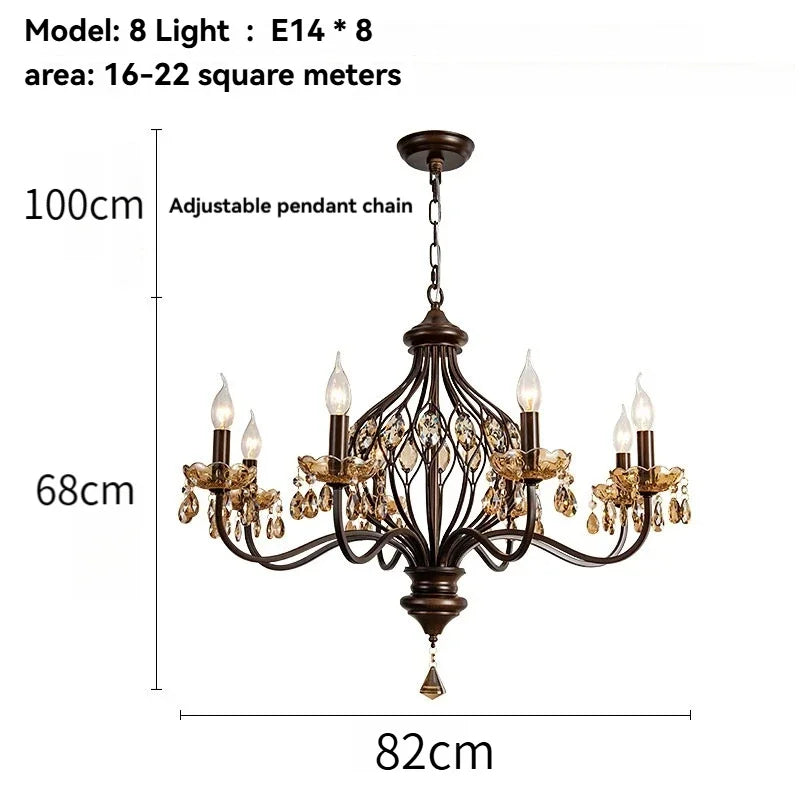 French Retro Candle Pendant Lights with Amber Crystal Vintage Brown Iron E14 Ceiling Chandelier for Living Room Kitchen Table