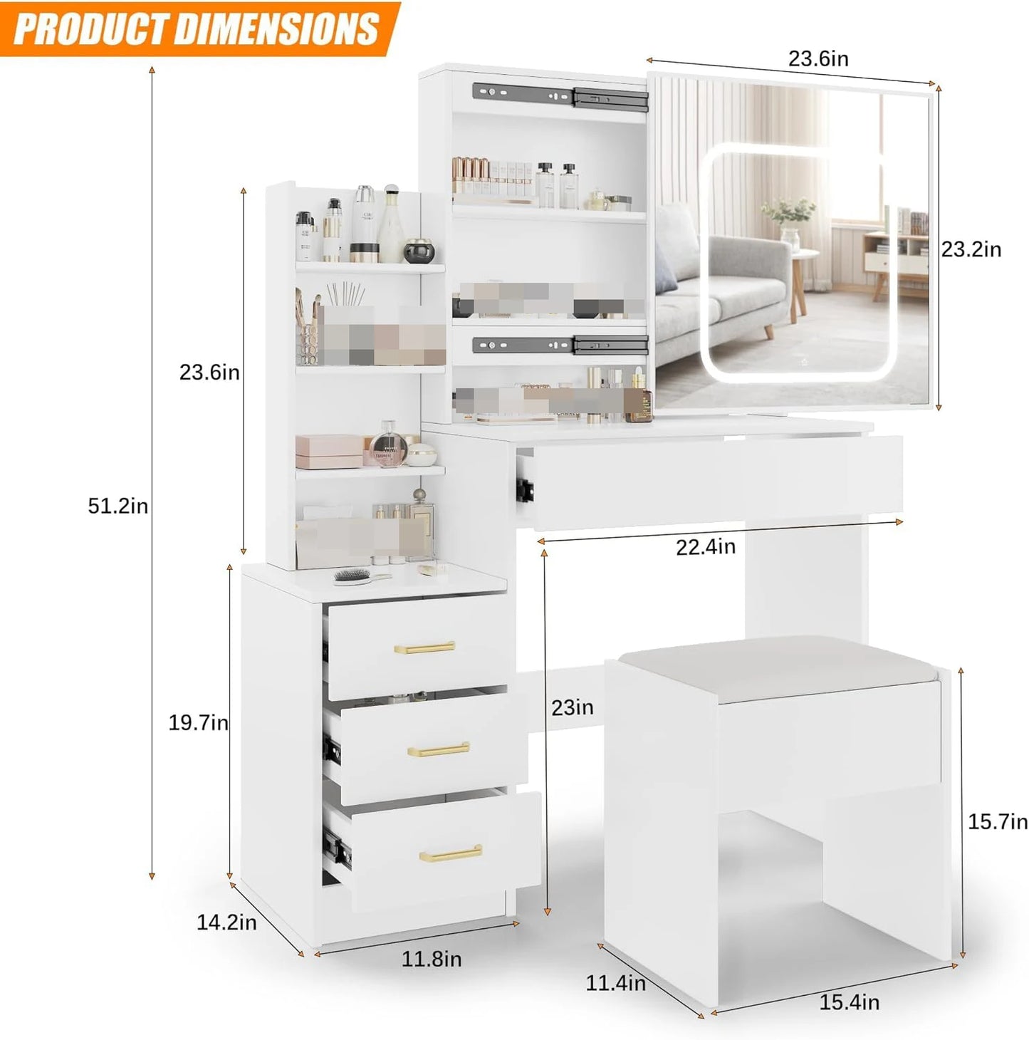 HiMISS Vanity Desk With Led Lights And Lighted Mirror