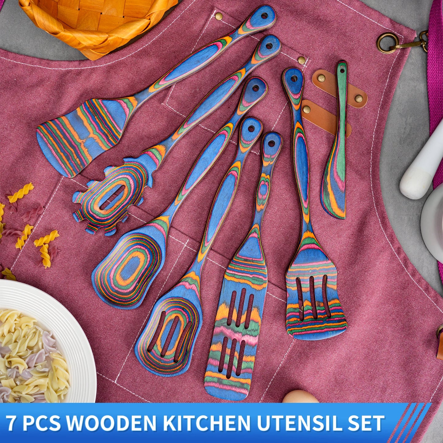 Pakkawood Wooden Utensil Set 7Pcs for Cooking Spoons