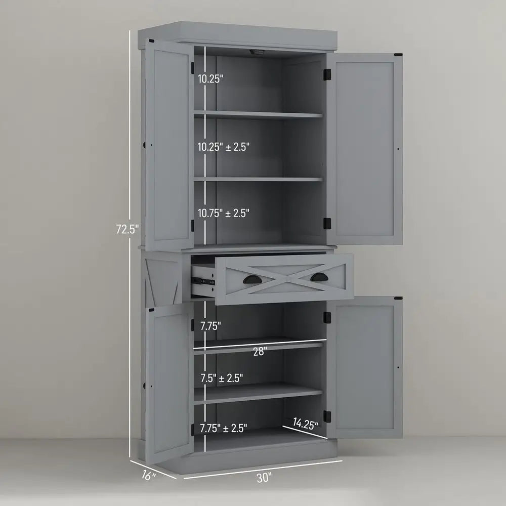 72" Kitchen Pantry Storage Cabinet, Traditional reestanding Pantry Cabinet with 4 Doand 2 Adjustable Shelves, Large Central Der,