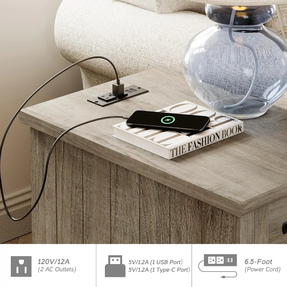 End Table with Charging Station, Grey Side Table with Storage Cabinet & Drawer, Wooden Nightstand with Power Outlets & USB Ports