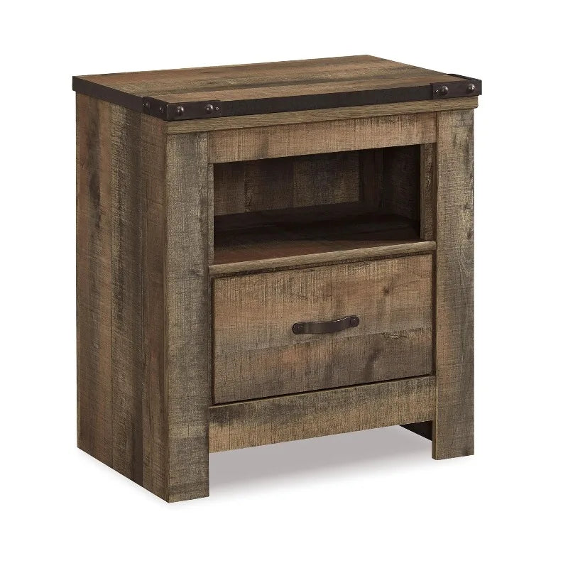 Signature Design by Ashley Trinell Rustic 1 Drawer Nightstand, USB Charing, Storage Cubby,Wood, 24.72" W x 16.18" D x 26.22" H,