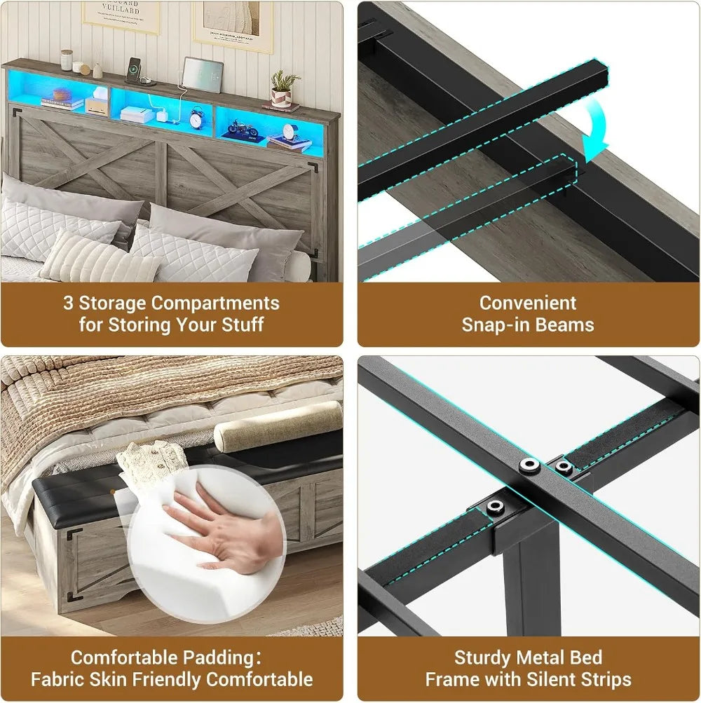 Queen Bed Frame with Storage Ottoman, LED Lights, Charging Station, Farmhouse Headboard, No Box Spring Needed, Oak Grey