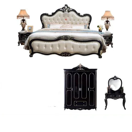 Carved Modern Wooden Leather Bedroom Set For Luxury Home Furniture