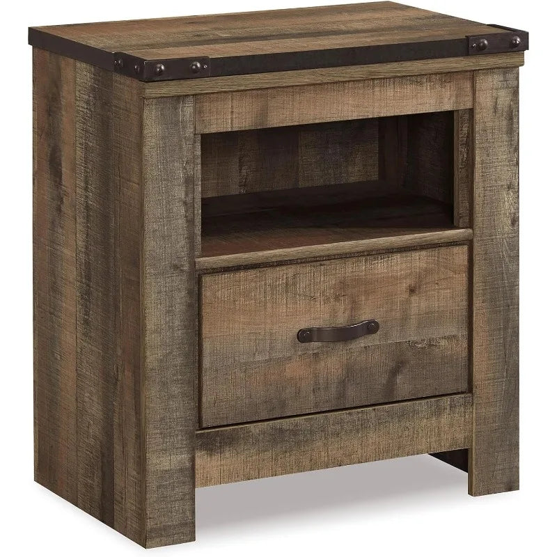 Signature Design by Ashley Trinell Rustic 1 Drawer Nightstand, USB Charing, Storage Cubby,Wood, 24.72" W x 16.18" D x 26.22" H,