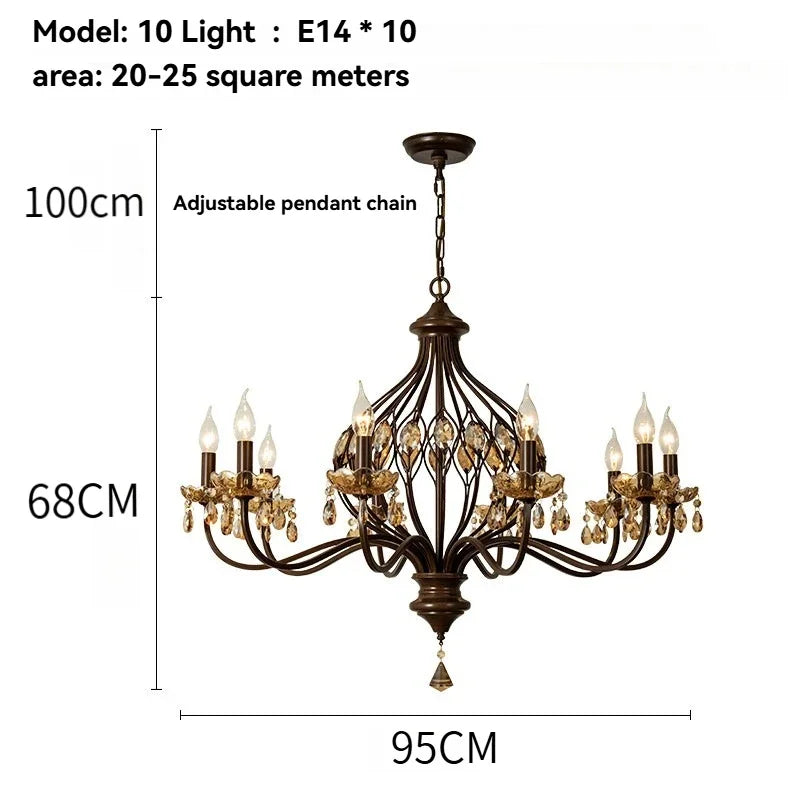 French Retro Candle Pendant Lights with Amber Crystal Vintage Brown Iron E14 Ceiling Chandelier for Living Room Kitchen Table