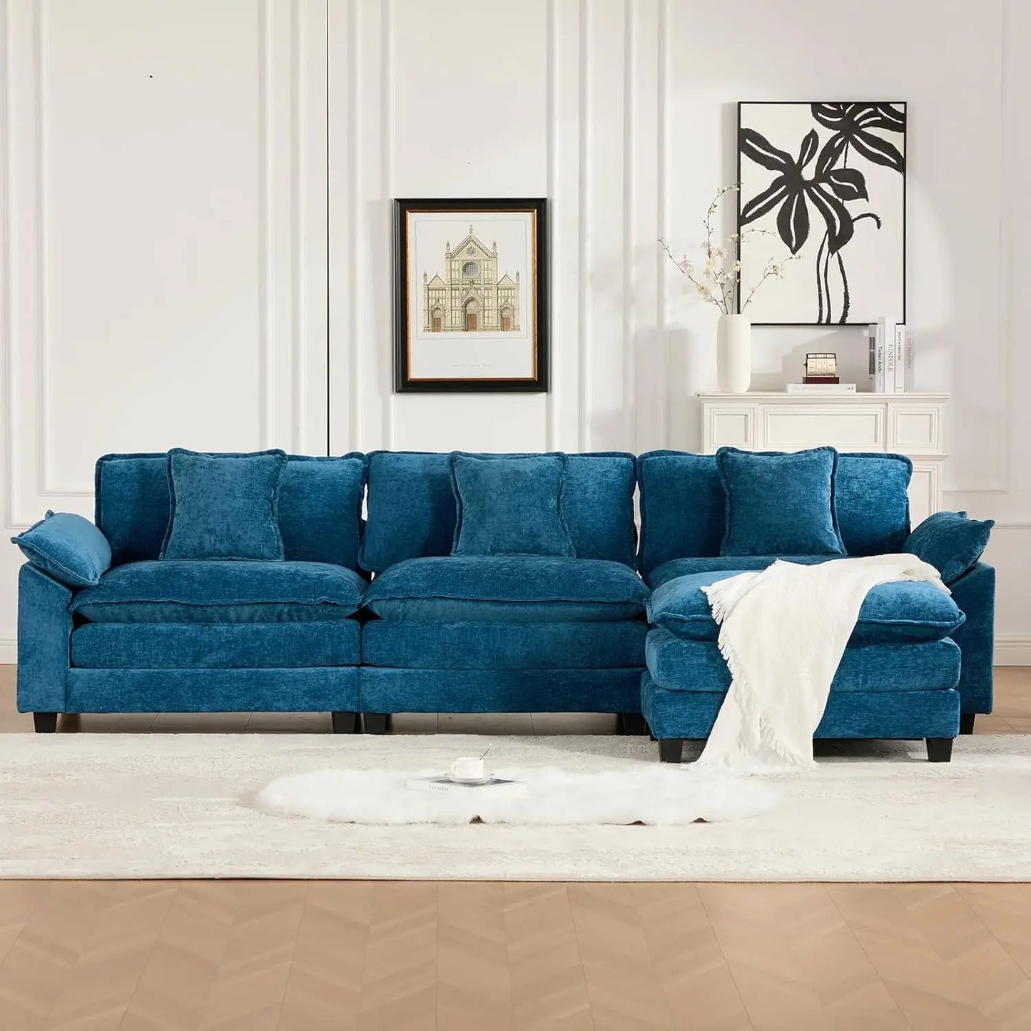 117.9" Modern Sectional Couches for Living Room, Blue Chenille Comfy Cloud Couch Sectional, 3 Seater Couch for, Customized