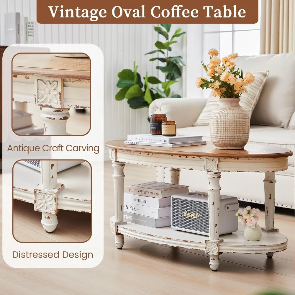 Vintage Oval Coffee Table, 39" Two-Tone White, 2 Tier Storage, Living Room Office, Easy Assembly