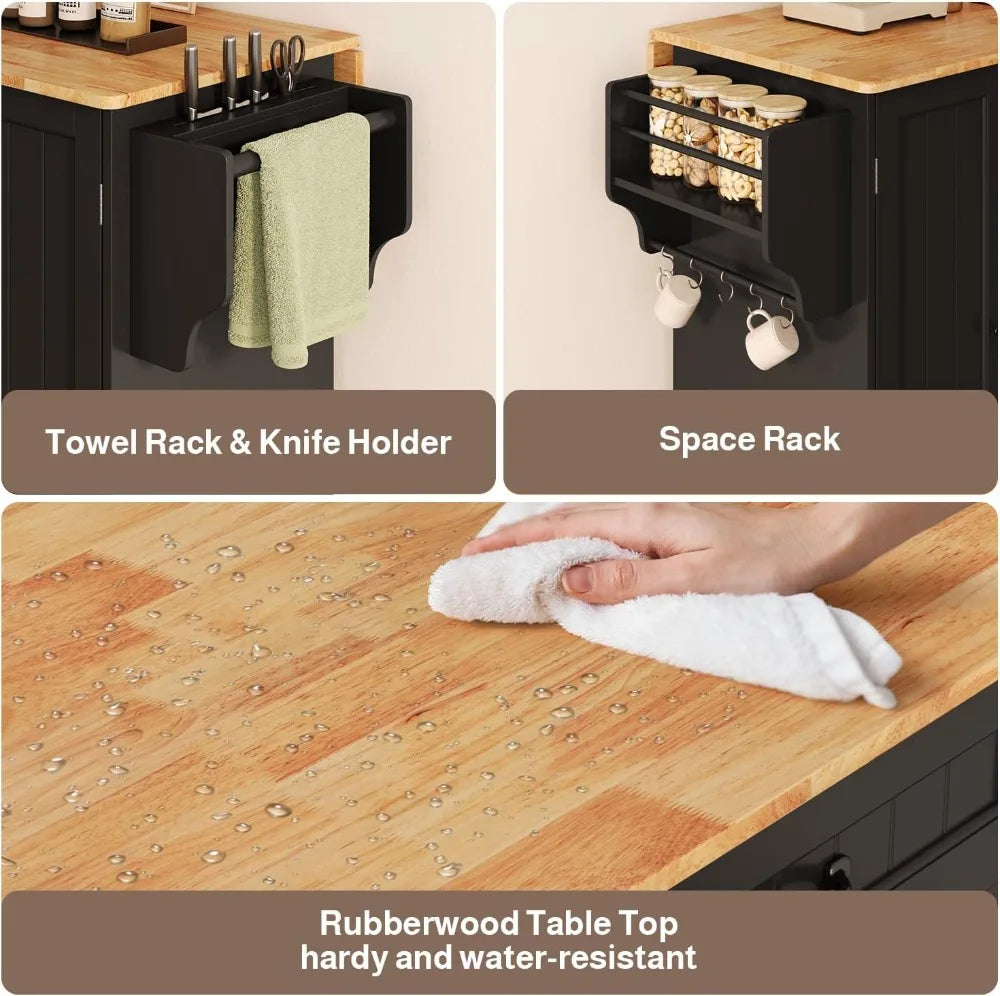 Rolling Kitchen Island on Wheels, Storage Cart with Spice Rack, Towel Rack, Knife Holder, Drop Leaf, Black
