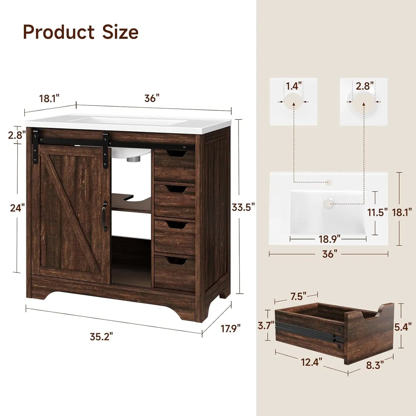 Farmhouse Sliding Barn Door Vanity With Resin Basin And Drawers