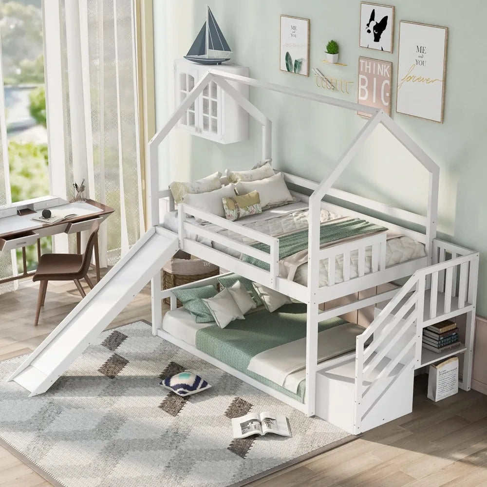 Solid Wood Over Bunk Bed With Slide And Storage Staircase