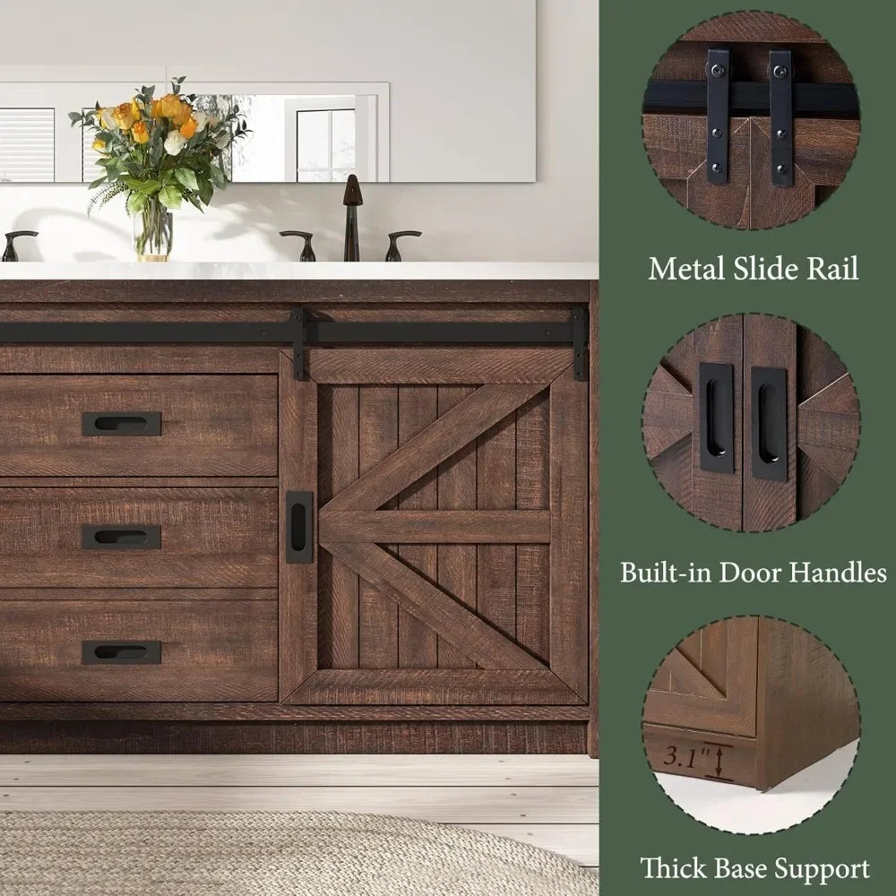 60" Freestanding Bathroom Vanity with Sliding Barn Door, Double Sink Combo, Drawers & Metal Handles, Reclaimed Barnwood Design